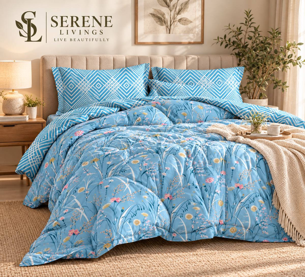 Lamina Ultra Comfy 4 Pcs Set with Reversible Quilt – Cerulean Wildflower Field & Cyan Chevron (90" × 100")