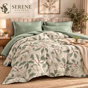 Serene Livings Lamina Ultra Comfy 4 Pcs Set with Reversible Quilt - Sage Green Lattice and Magnolia in warm bedroom setting