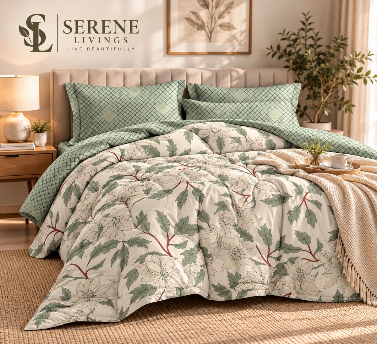 Lamina Ultra Comfy 4 Pcs Set with Reversible Quilt – Sage Green Lattice & Magnolia (90" × 100")