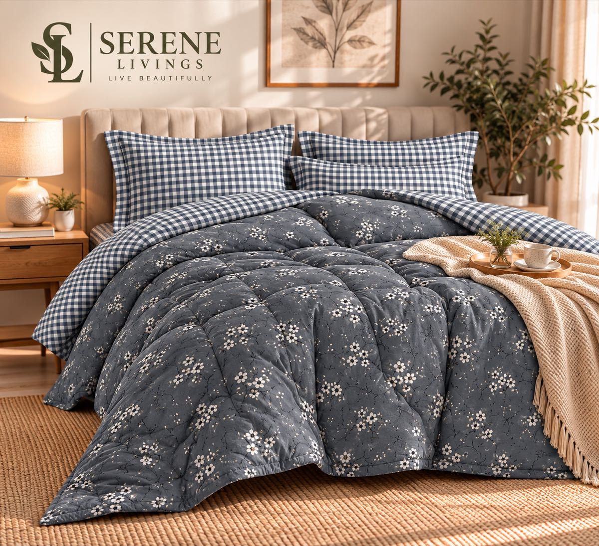 Lamina Ultra Comfy 4 Pcs Set with Reversible Quilt – Slate Floral & Gingham Check (90" × 100")