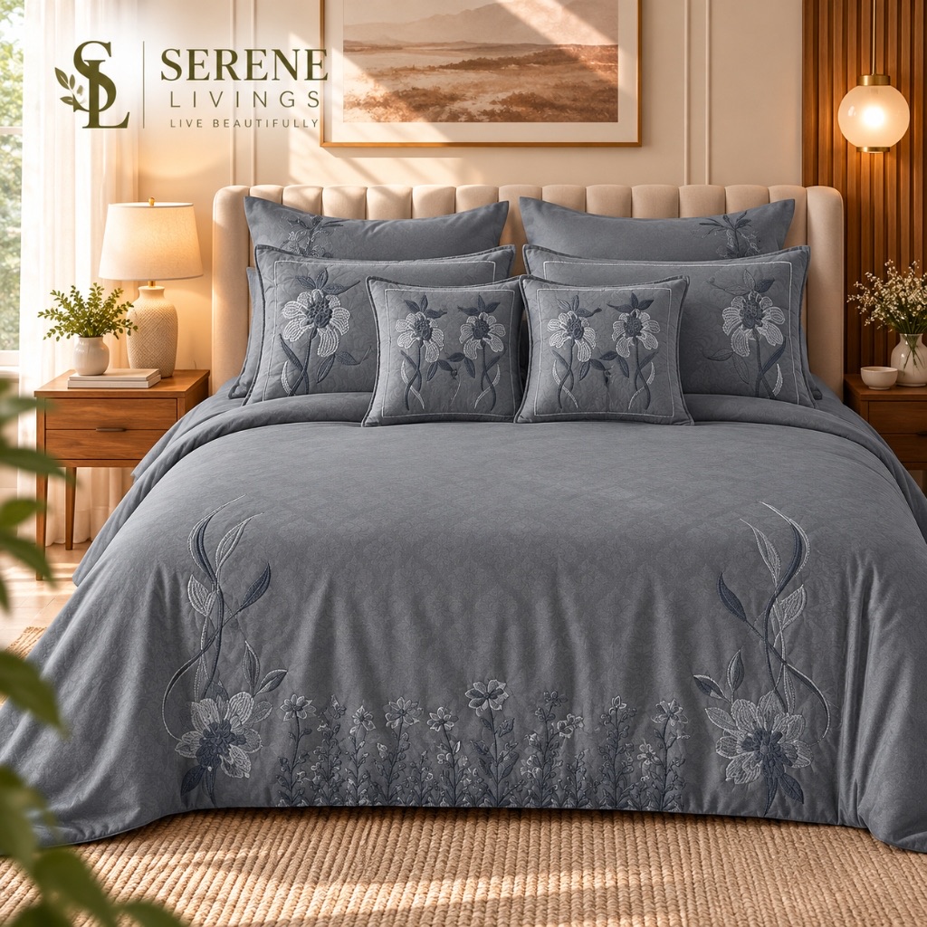 Rosiala Baroque Embossed Bedsheet – Charcoal (Super King 108" × 108")