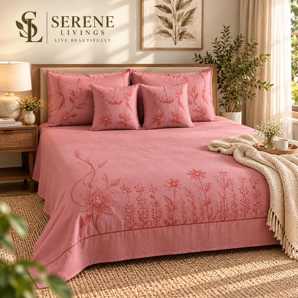 Rosiala Luxury Embroidered 5 Pcs Set – Dusty Rose Floral (90" × 100")