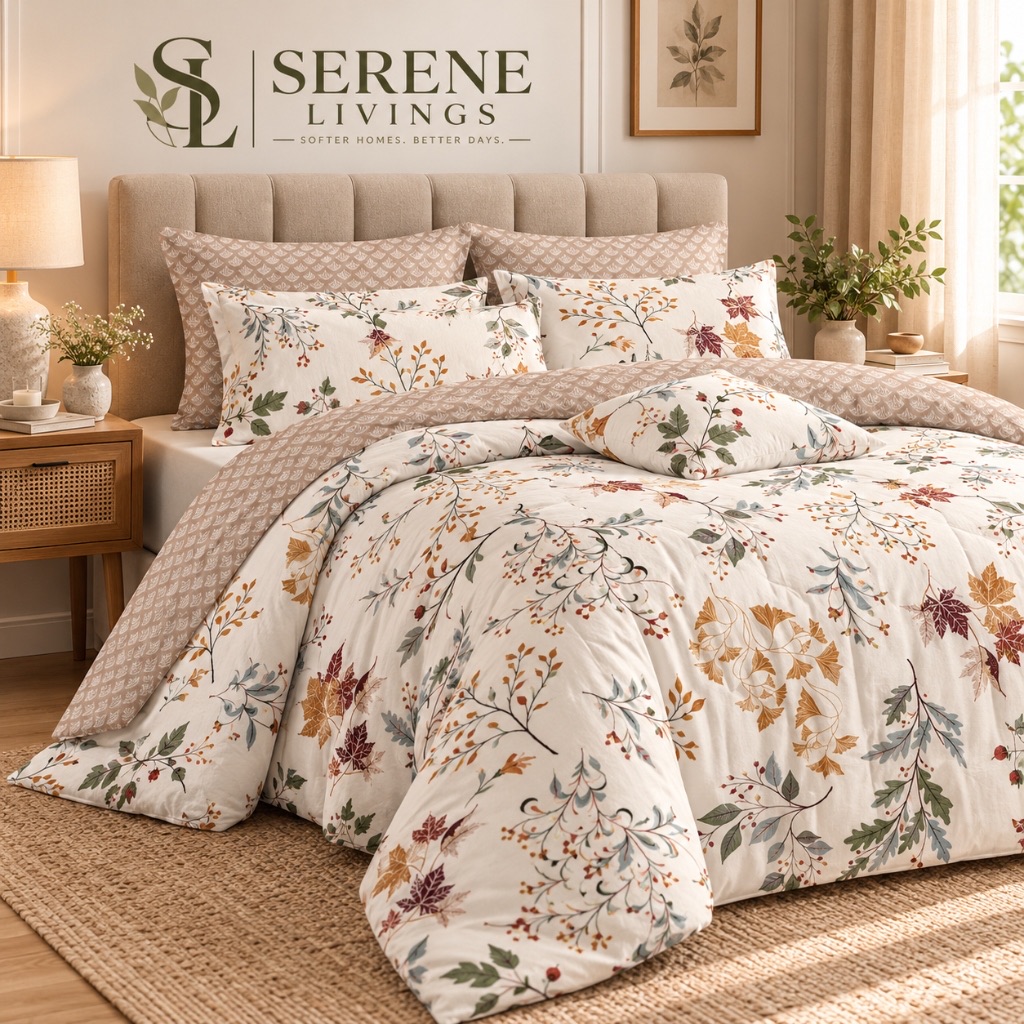 Lamina Ultra Comfy 4 Pcs Set with Reversible Quilt – Autumn Woodland & Almond Scallop (90" × 100")