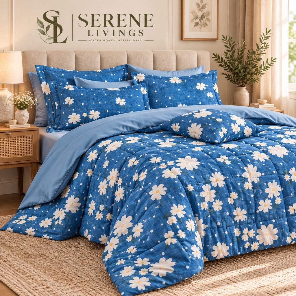 Lamina Ultra Comfy 4 Pcs Set with Reversible Quilt – Denim Blue Daisy Meadow (90" × 100")