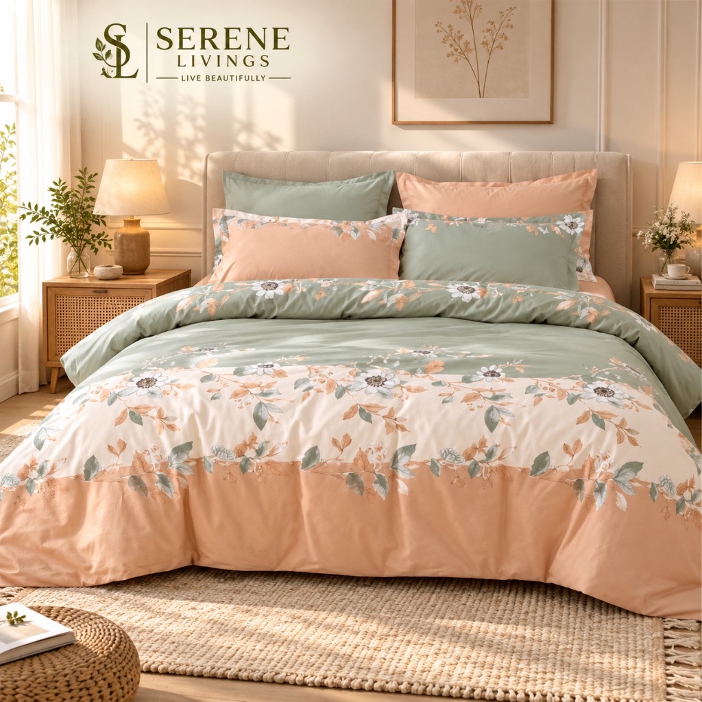Orva 4-Piece Glacé Cotton Comforter & Bedsheet Set – Blush Peach & Sage Botanical Border (90" × 100")