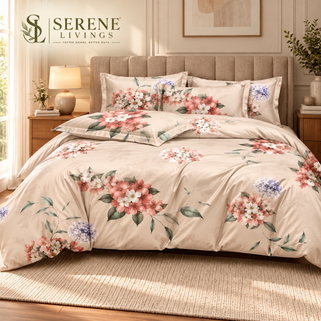 Orva 4-Piece Glacé Cotton Comforter & Bedsheet Set – Champagne English Garden Rose (90" × 100")