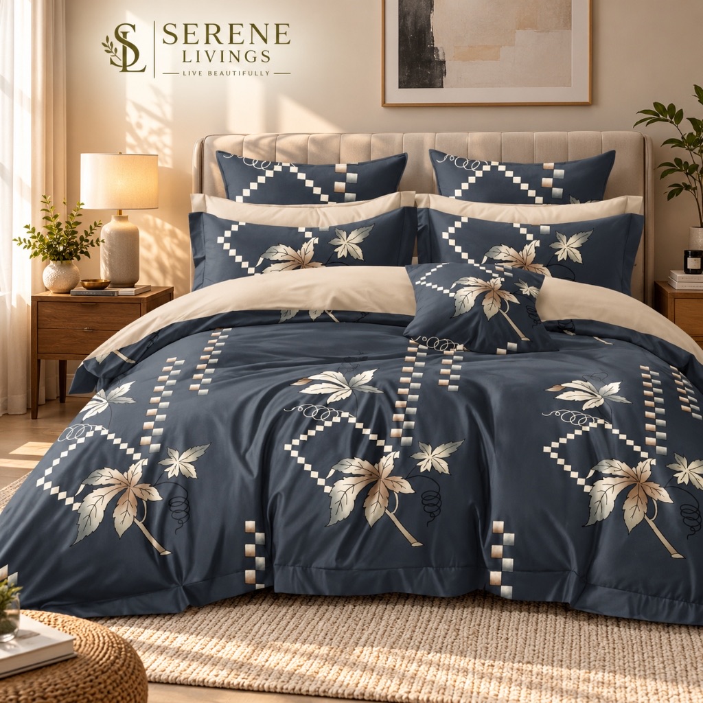 Orva 4-Piece Glacé Cotton Comforter & Bedsheet Set – Charcoal Autumn Diamond Trellis (90" × 100")