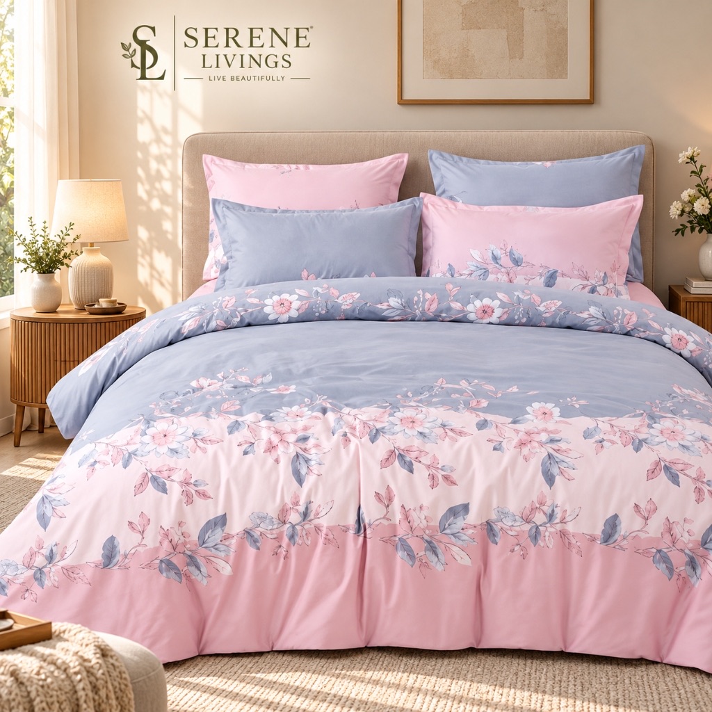 Orva 4-Piece Glacé Cotton Comforter & Bedsheet Set – Duo-Tone Powder Blue & Soft Rose (90" × 100")