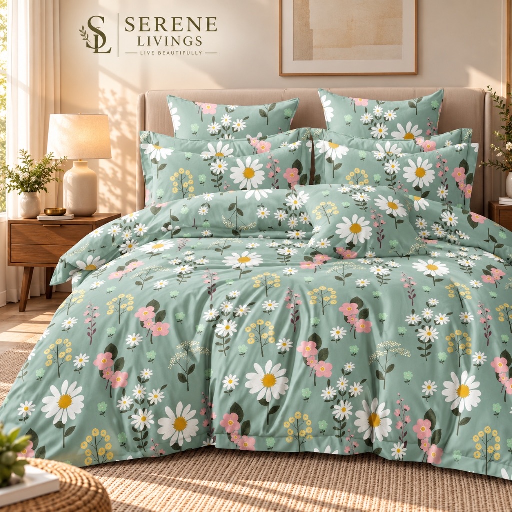 Orva 4-Piece Glacé Cotton Comforter & Bedsheet Set – Sunny Daisy Blossom Meadow (90" × 100")