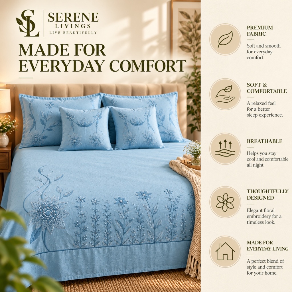 Rosiala Luxury Embroidered 5 Pcs Set – Powder Ice Blue (Super King 108" × 108")